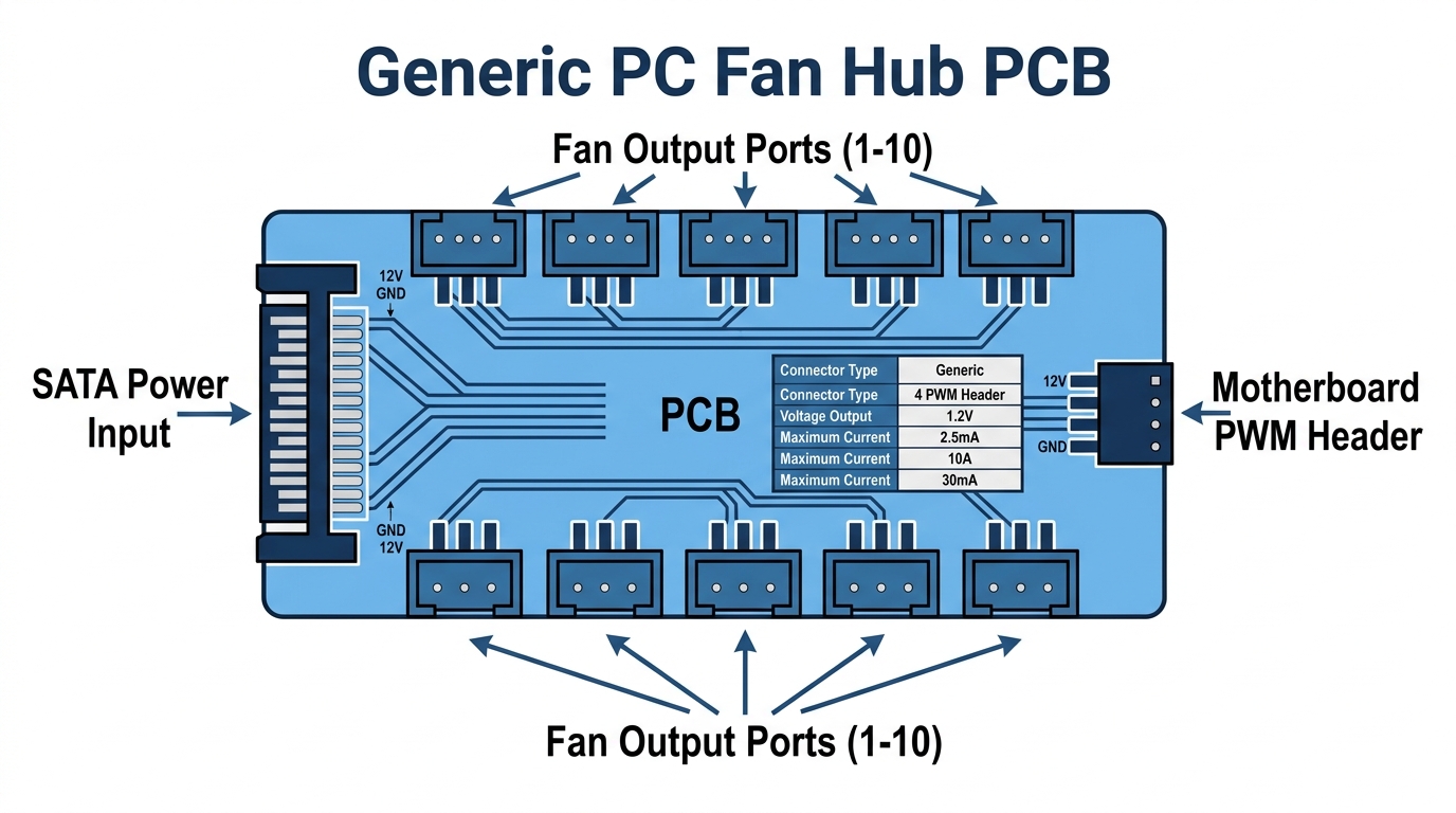 PC fan hub SATA connector PWM header output ports labeled