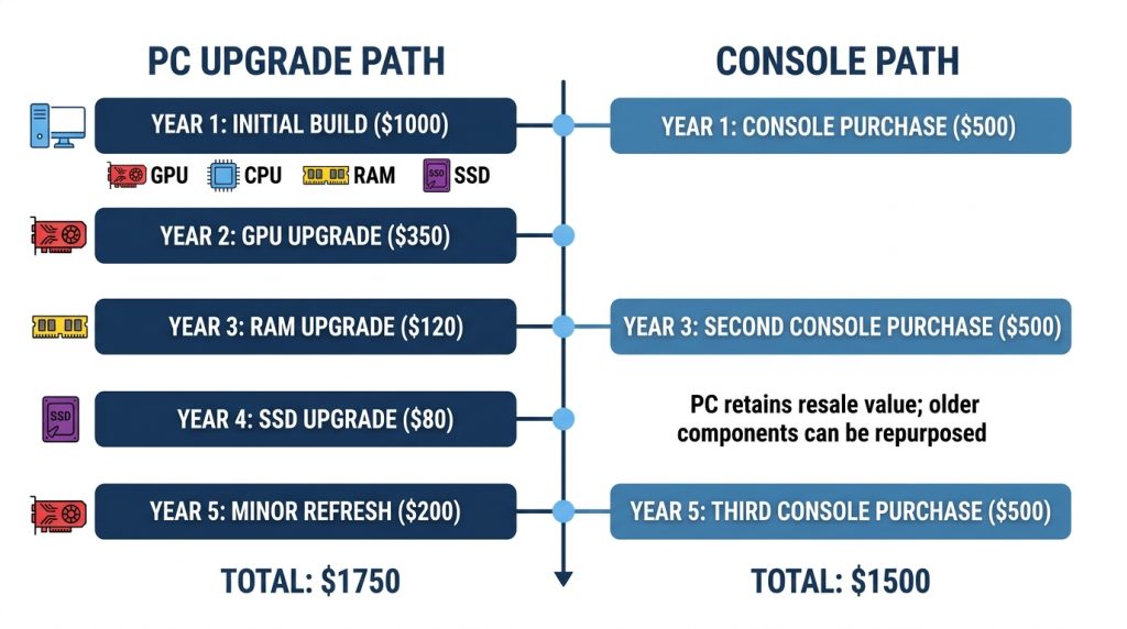 PC component upgrade timeline and costs over 5 years vs console replacement cycle