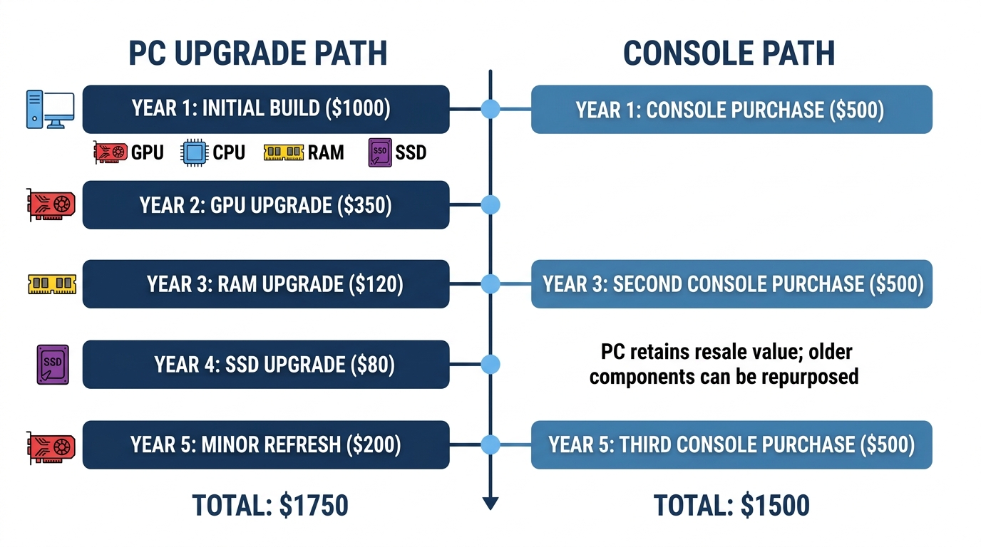 PC component upgrade timeline and costs over 5 years vs console replacement cycle