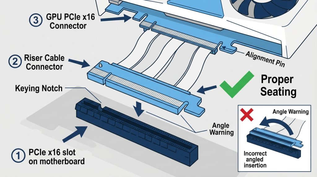 PCIe riser cable installation motherboard slot GPU connector alignment