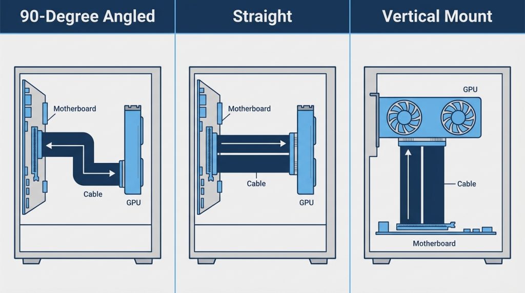 PCIe riser cable types 90-degree angled straight vertical form factors