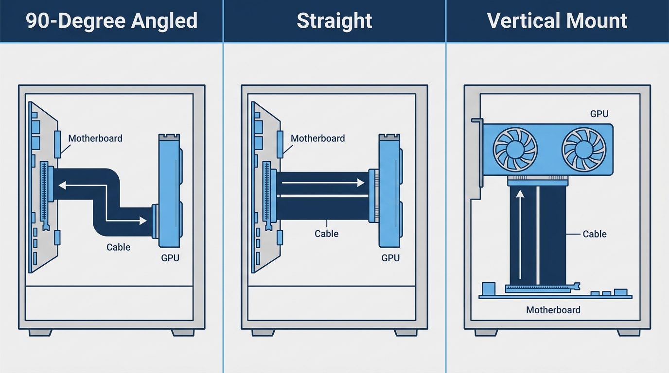 PCIe riser cable types 90-degree angled straight vertical form factors