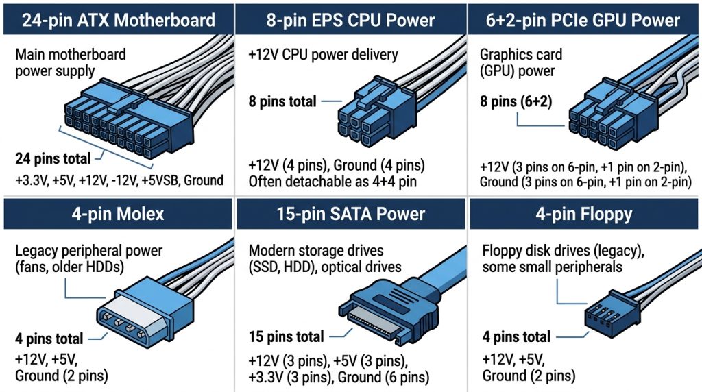 PSU cable types 24-pin ATX 8-pin EPS PCIe SATA Molex connectors