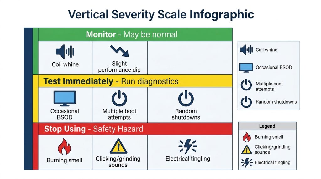 Color-coded severity scale for PSU failure warning signs, ranging from green monitor-only to red critical danger