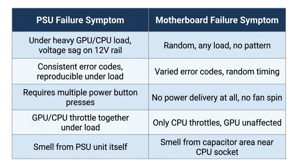 Diagnostic table comparing PSU failure symptoms against motherboard failure symptoms to identify the faulty component