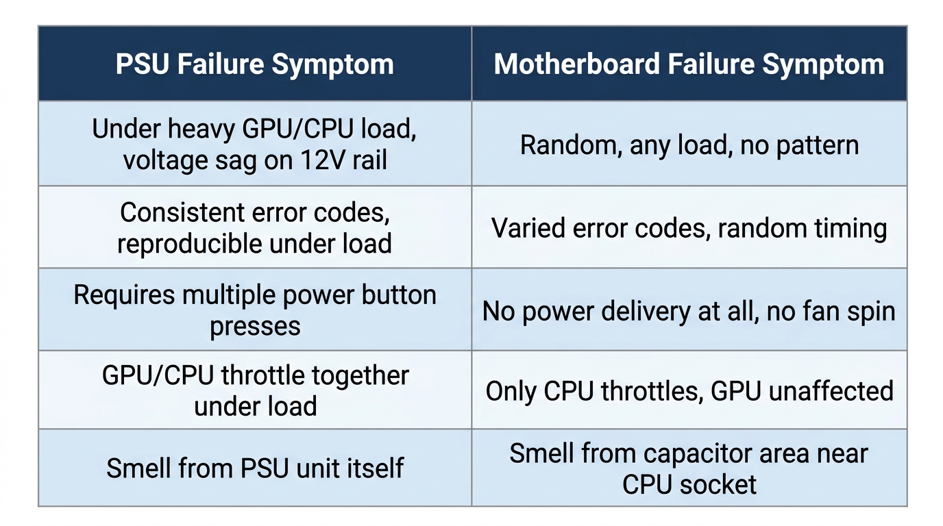 Diagnostic table comparing PSU failure symptoms against motherboard failure symptoms to identify the faulty component