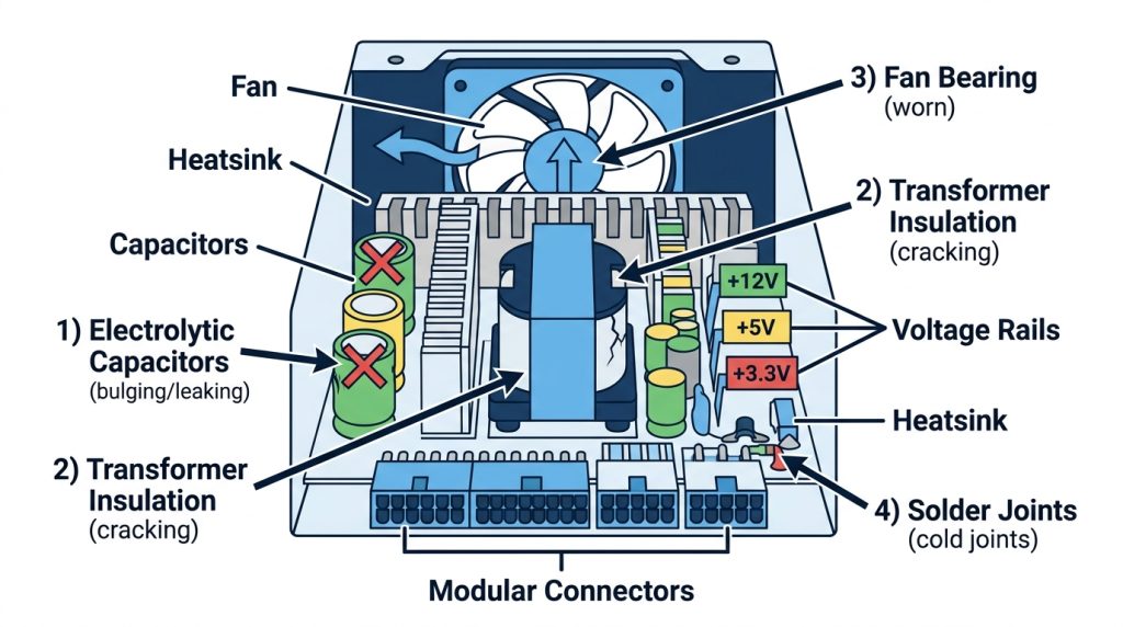 Internal components of a power supply unit showing capacitors, transformer, voltage rails, and fan bearing failure points
