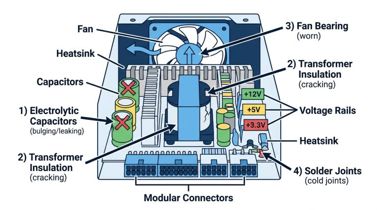 Internal components of a power supply unit showing capacitors, transformer, voltage rails, and fan bearing failure points