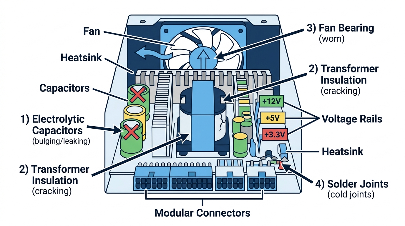 Internal components of a power supply unit showing capacitors, transformer, voltage rails, and fan bearing failure points