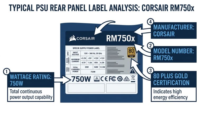 power supply unit label showing wattage model number 80 Plus certification