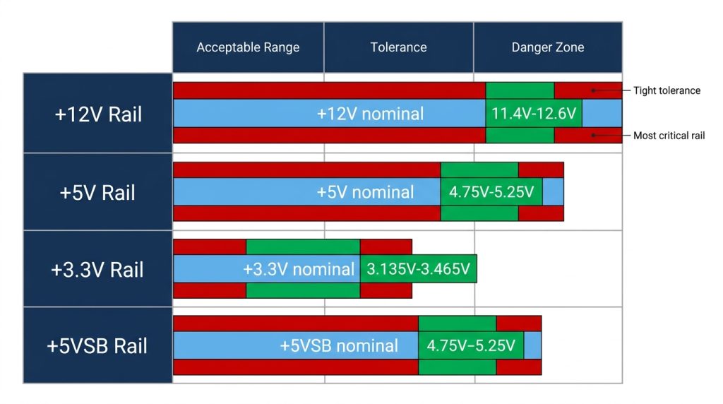 Chart showing ATX voltage tolerance ranges for the 12V, 5V, and 3.3V rails with acceptable operating limits