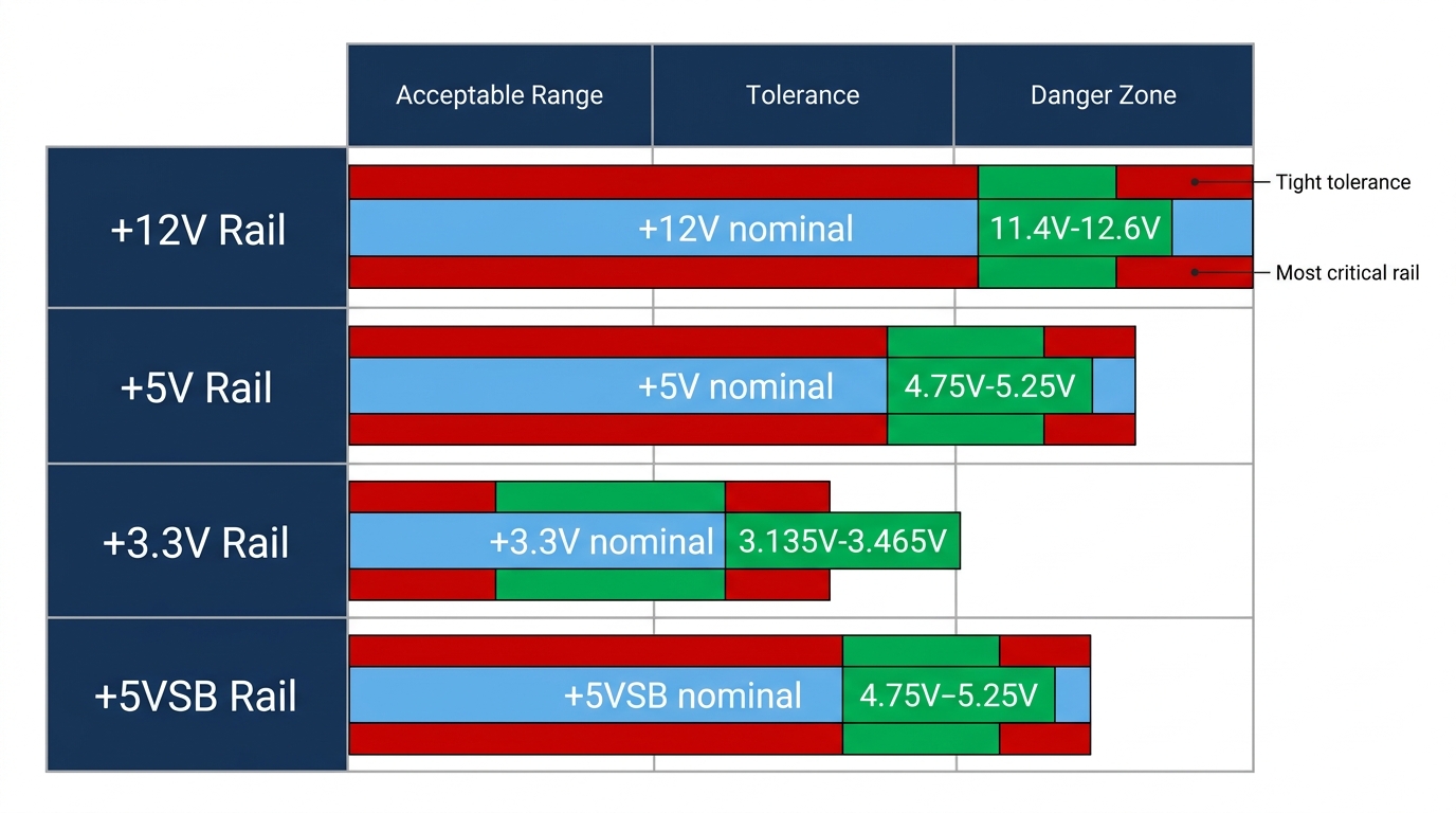 Chart showing ATX voltage tolerance ranges for the 12V, 5V, and 3.3V rails with acceptable operating limits