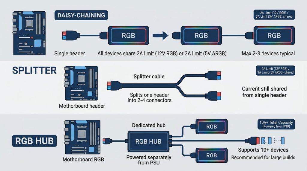 Infographic showing three RGB expansion methods: daisy-chaining, splitters, and hubs with current limits
