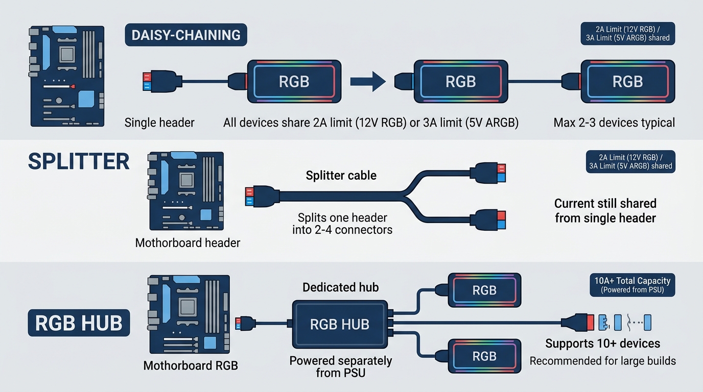 Infographic showing three RGB expansion methods: daisy-chaining, splitters, and hubs with current limits