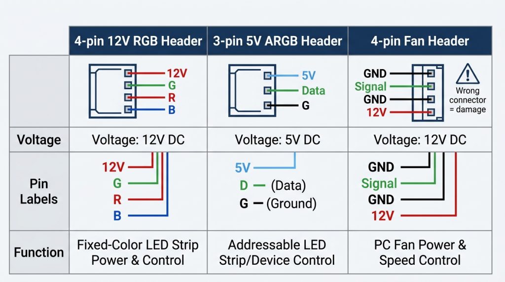 RGB header vs fan header pinout comparison with voltage, pins, and function differences