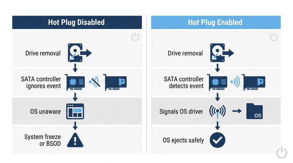 SATA hot plug enabled vs disabled system response flow diagram