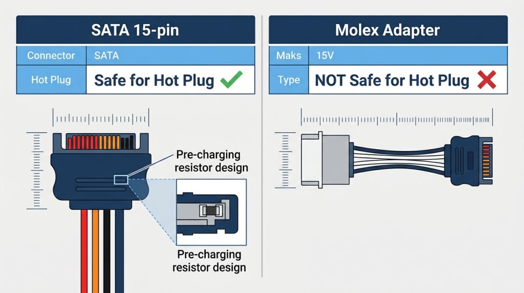 SATA 15-pin power connector vs Molex adapter hot plug safety