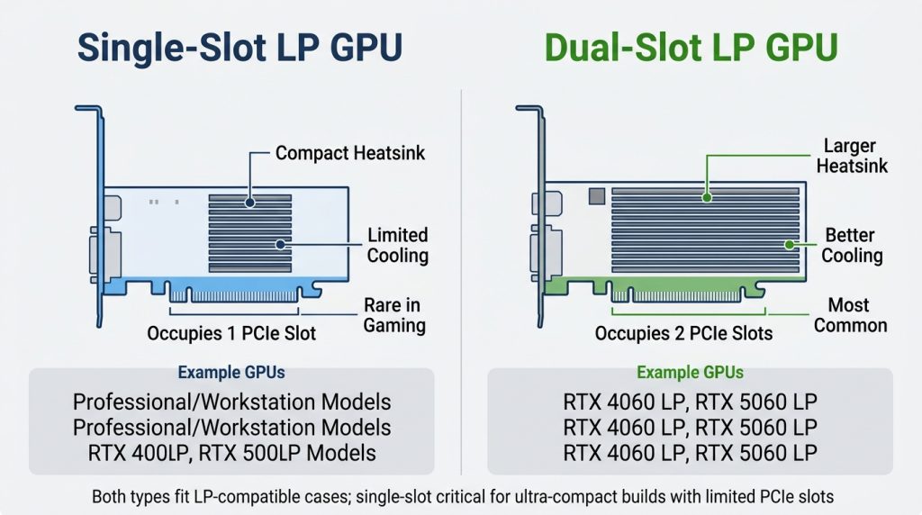 Single-slot versus dual-slot low profile GPU design comparison showing heatsink and PCIe slot layout