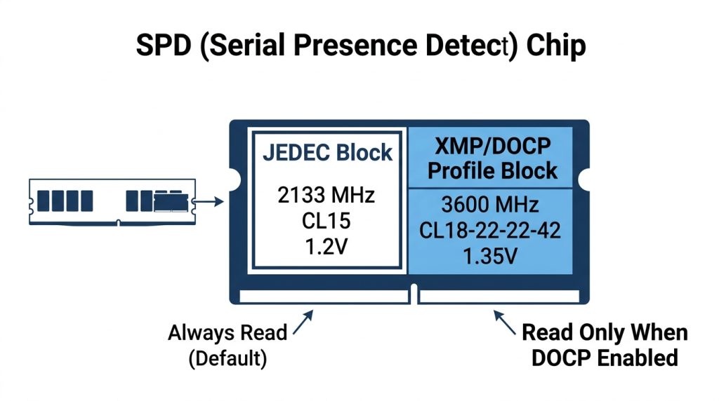 SPD chip memory layout showing JEDEC baseline versus XMP/DOCP profile blocks
