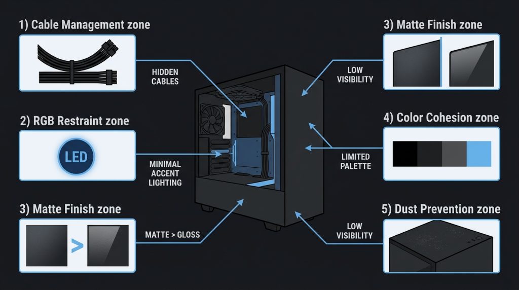 Stealth PC build aesthetic principles including tight cable management, controlled RGB, and matte black finish