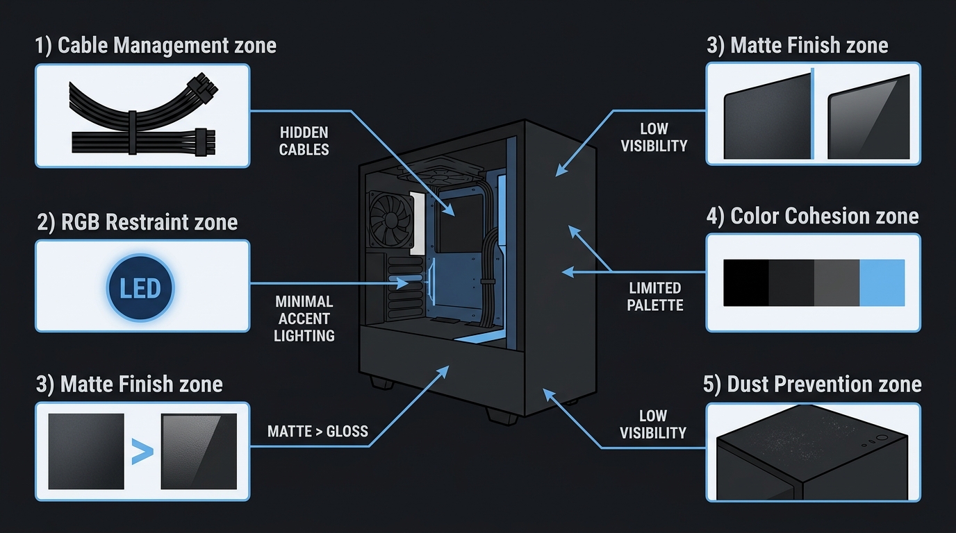 Stealth PC build aesthetic principles including tight cable management, controlled RGB, and matte black finish