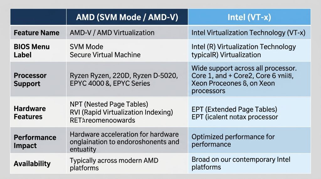AMD SVM Mode vs Intel VT-x virtualization technology comparison side by side