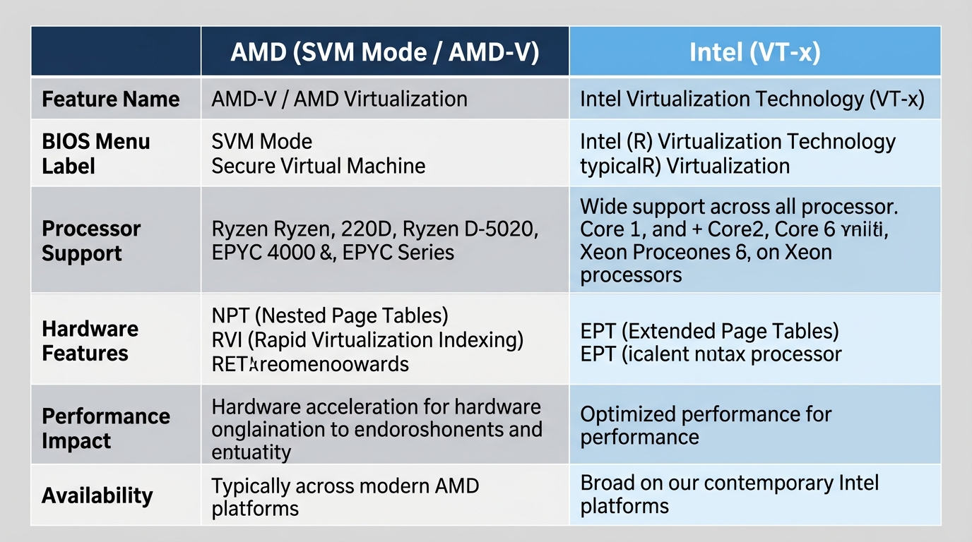 AMD SVM Mode vs Intel VT-x virtualization technology comparison side by side