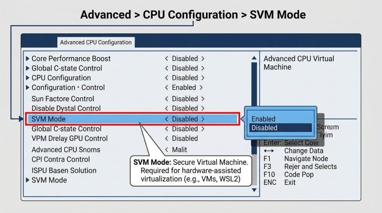 SVM Mode setting highlighted in BIOS Advanced CPU Configuration menu AMD processor