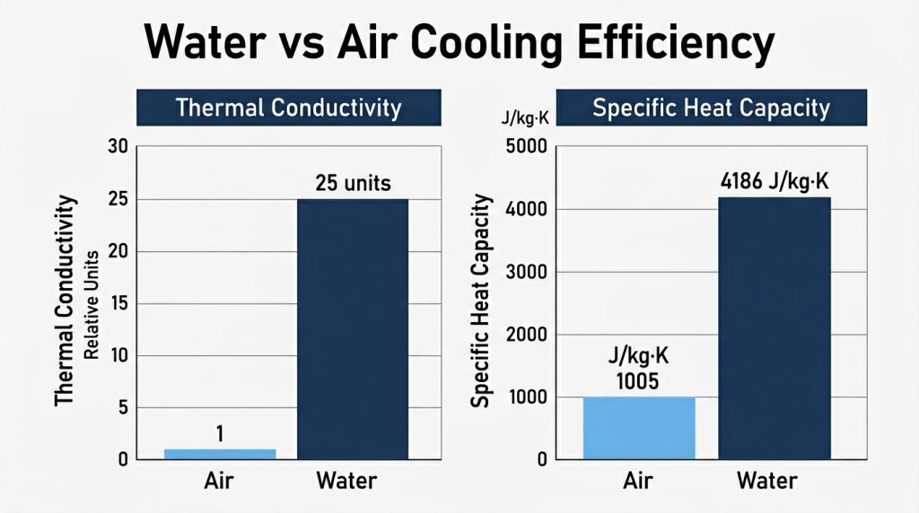 Visual comparison of thermal conductivity of water versus air showing water's superior heat transfer for PC cooling