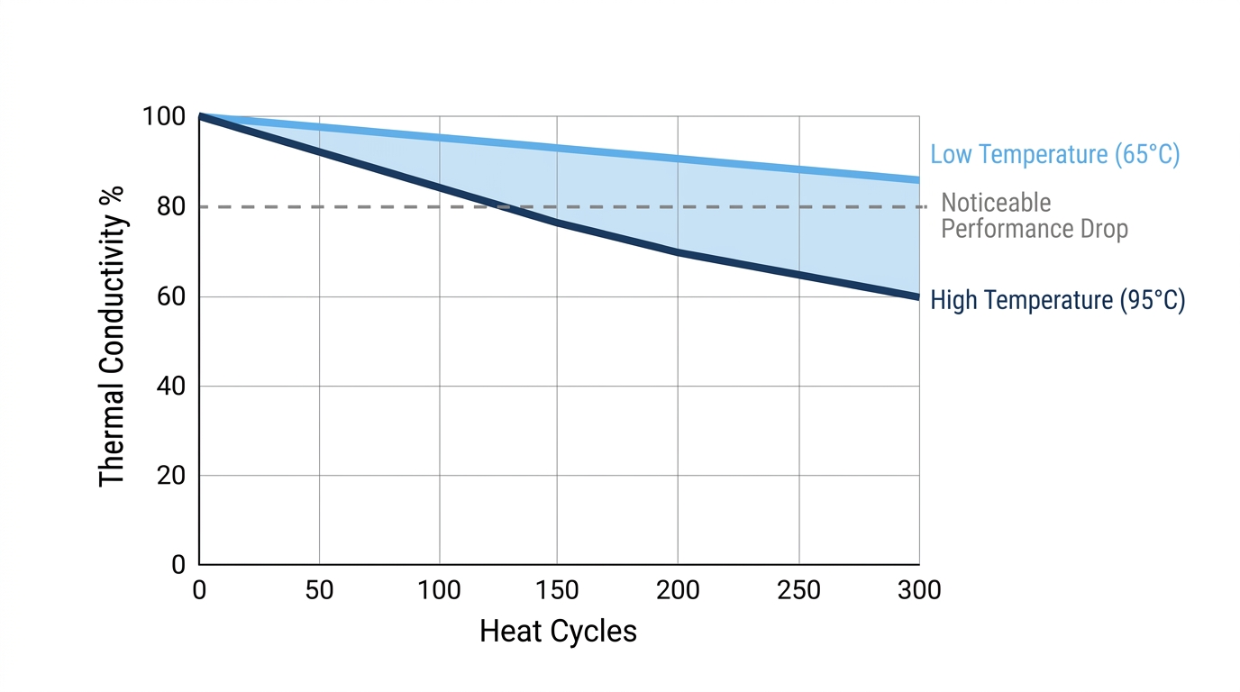 Graph illustrating thermal paste performance degradation with increasing heat cycles over time