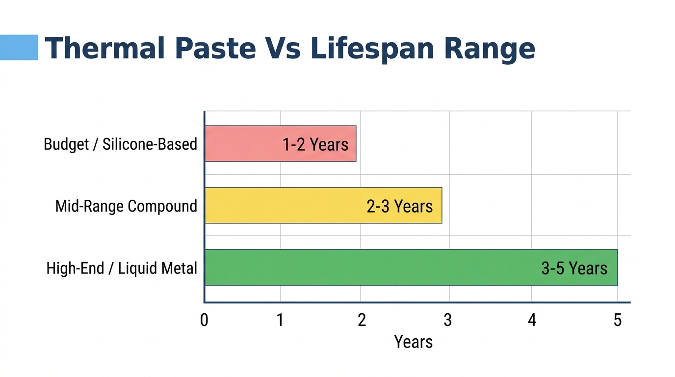 Chart comparing lifespan by thermal paste type, from budget silicone to premium compounds over time