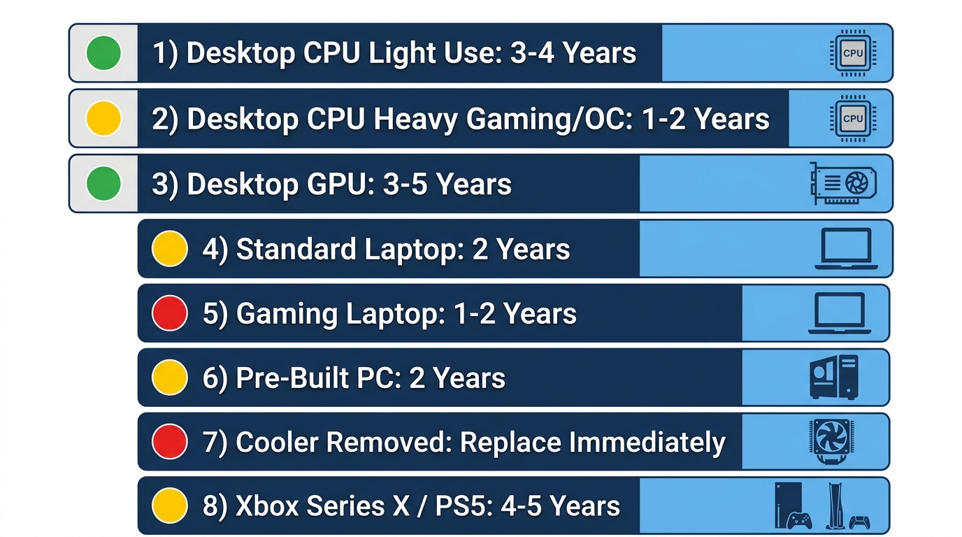 Thermal paste replacement interval guide by device type: desktop CPU, GPU, laptop, and gaming laptop