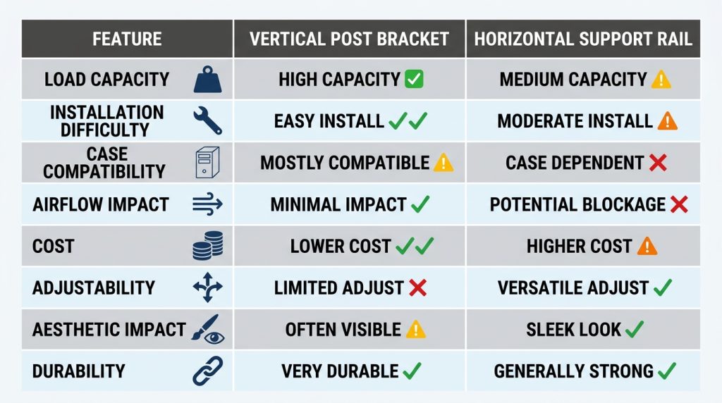 Feature comparison table vertical post bracket vs horizontal support rail design