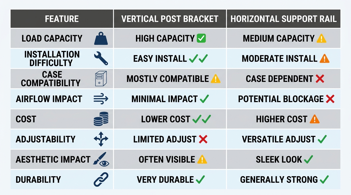 Feature comparison table vertical post bracket vs horizontal support rail design