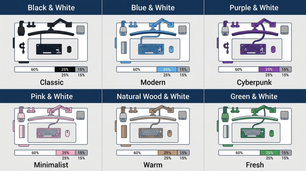 Six white gaming setup color combinations: black-white, blue-white, purple-white, pink-white, wood-white, green-white