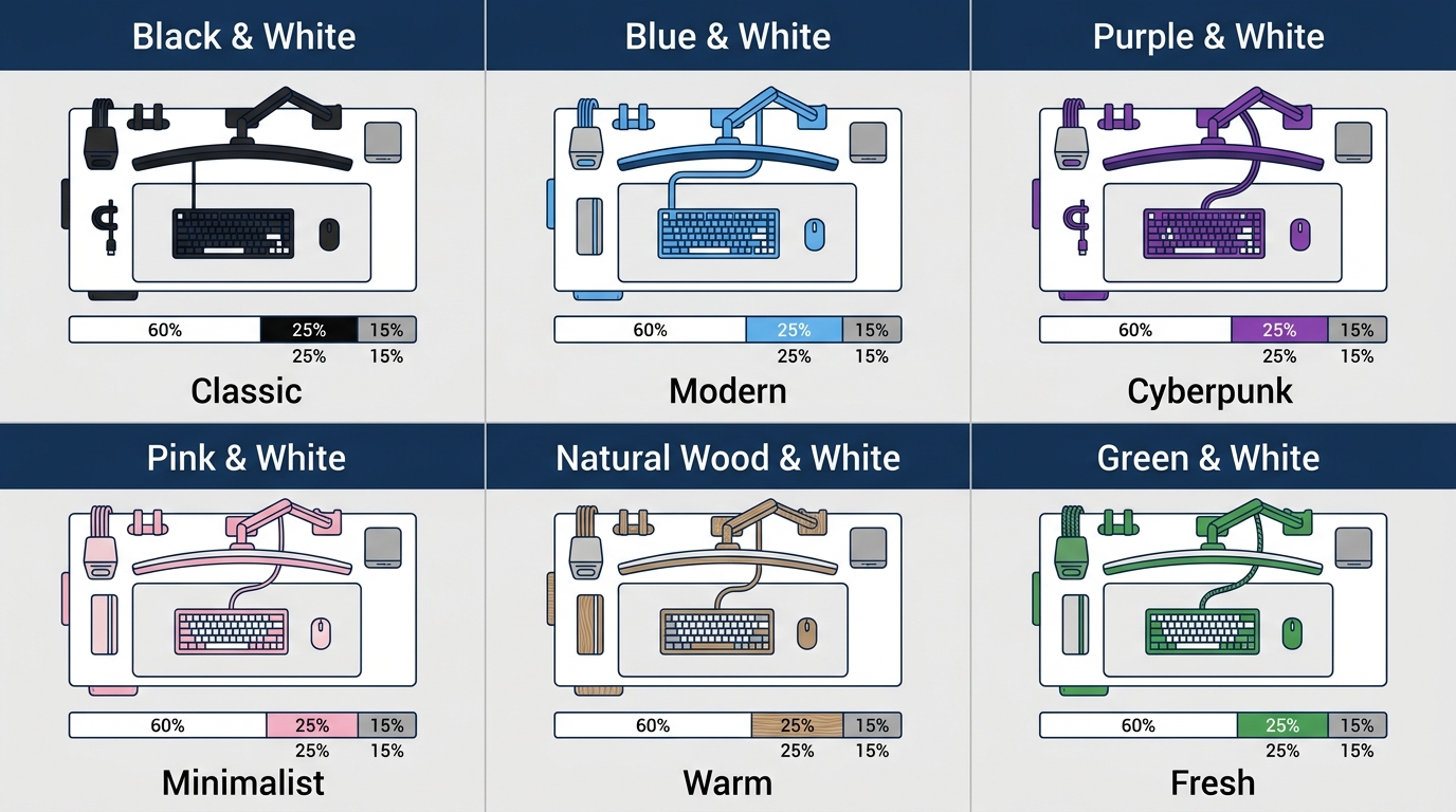 Six white gaming setup color combinations: black-white, blue-white, purple-white, pink-white, wood-white, green-white