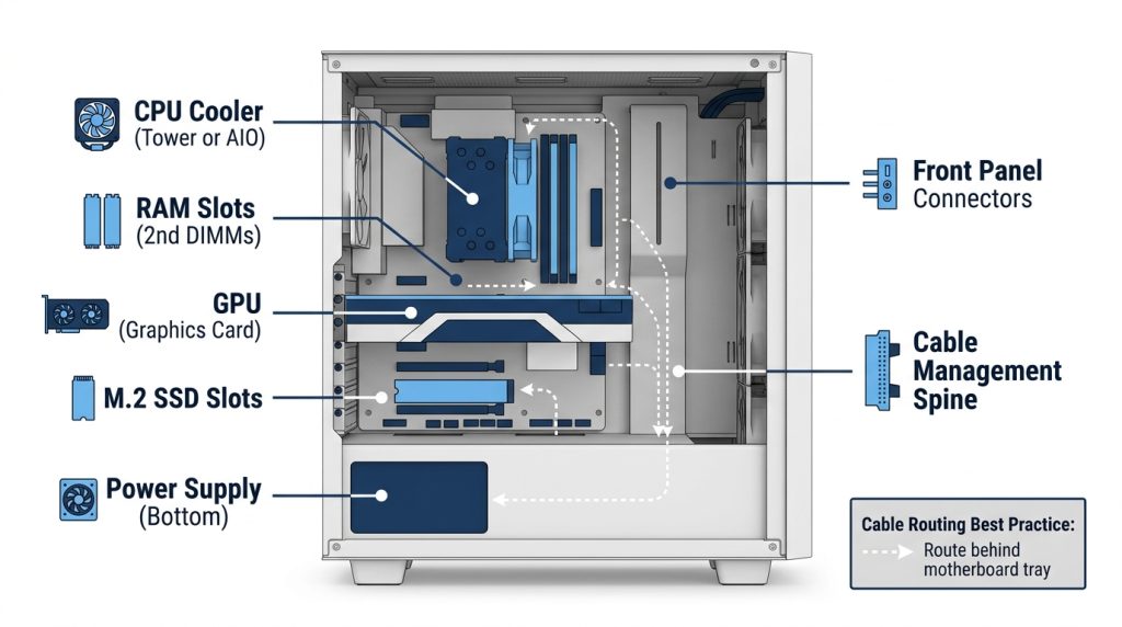 White PC case interior with labeled component positions: GPU, CPU cooler, RAM, power supply, cable routing