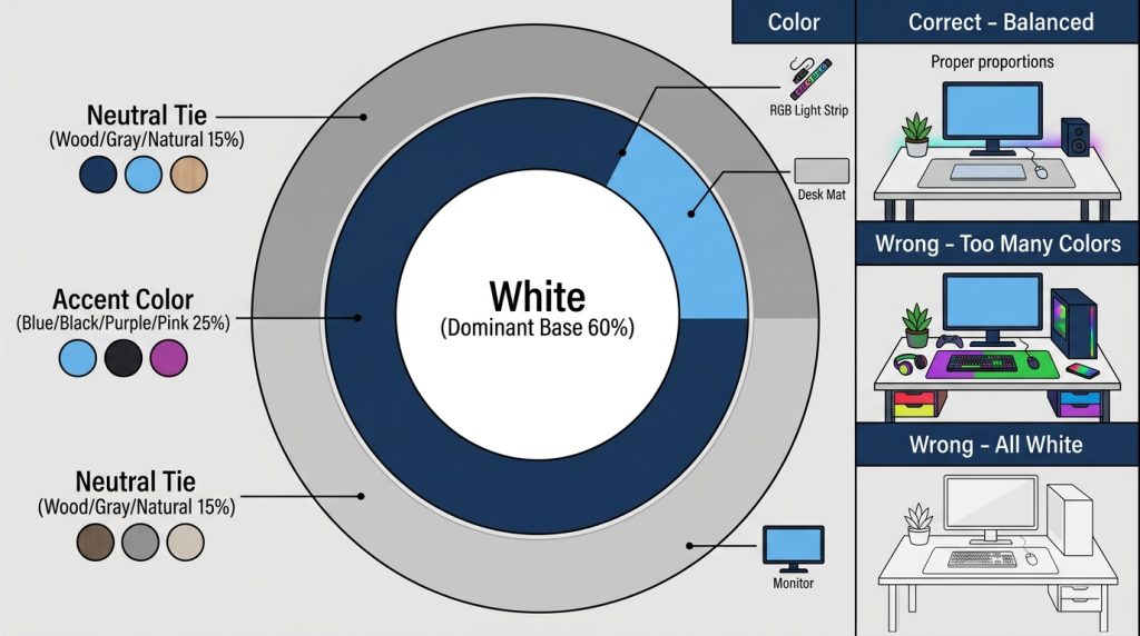 Rule of three color scheme: white base, accent color, neutral element visual breakdown