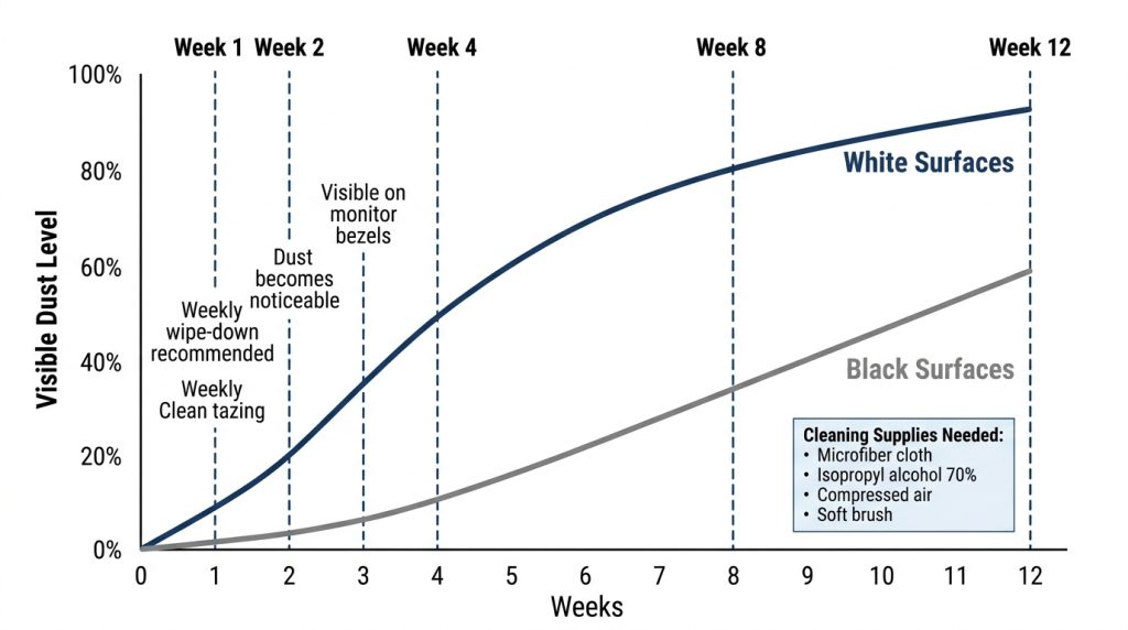 Maintenance timeline chart showing dust visibility and cleaning frequency for white gaming setups over 12 weeks