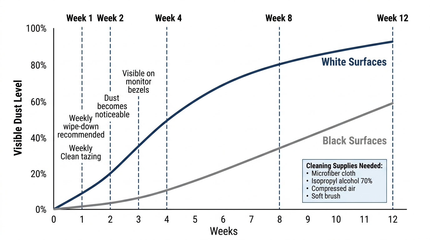 Maintenance timeline chart showing dust visibility and cleaning frequency for white gaming setups over 12 weeks