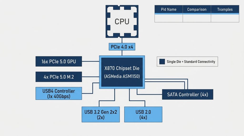 X870 chipset block diagram PCIe lanes CPU connection M.2 USB4 SATA layout