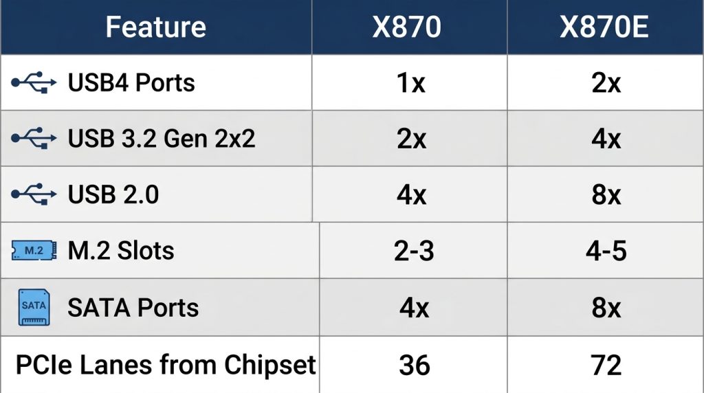 X870 X870E connectivity comparison USB4 M.2 slots SATA ports feature table