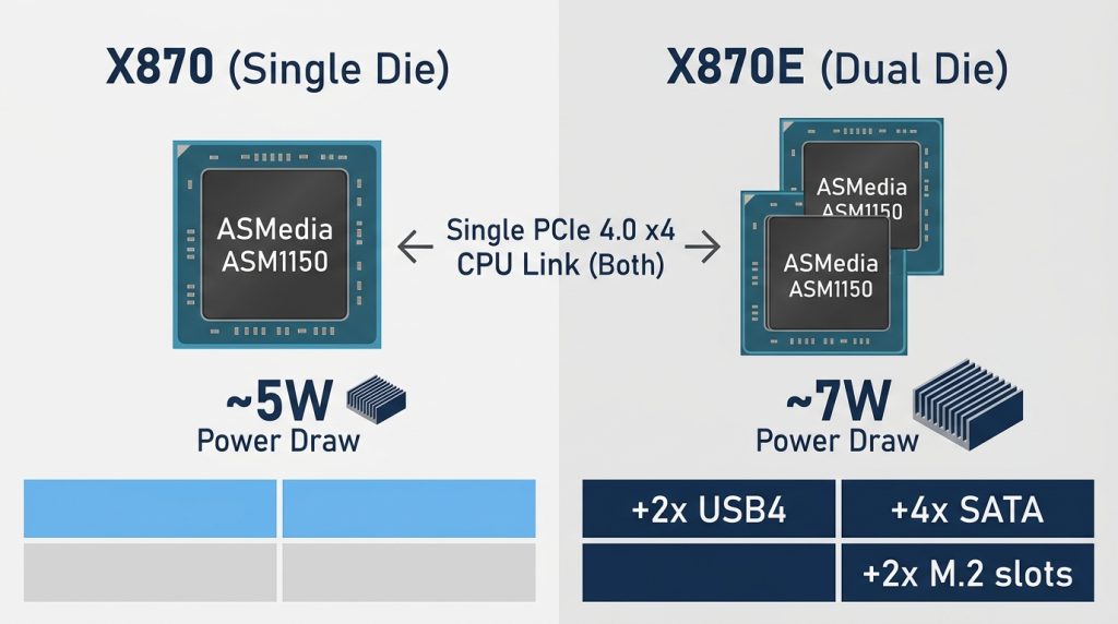 X870 vs X870E dual die single die chipset architecture power consumption comparison