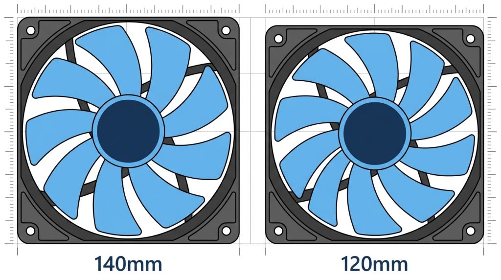 140mm fan vs 120mm fan size comparison blade diameter mounting holes