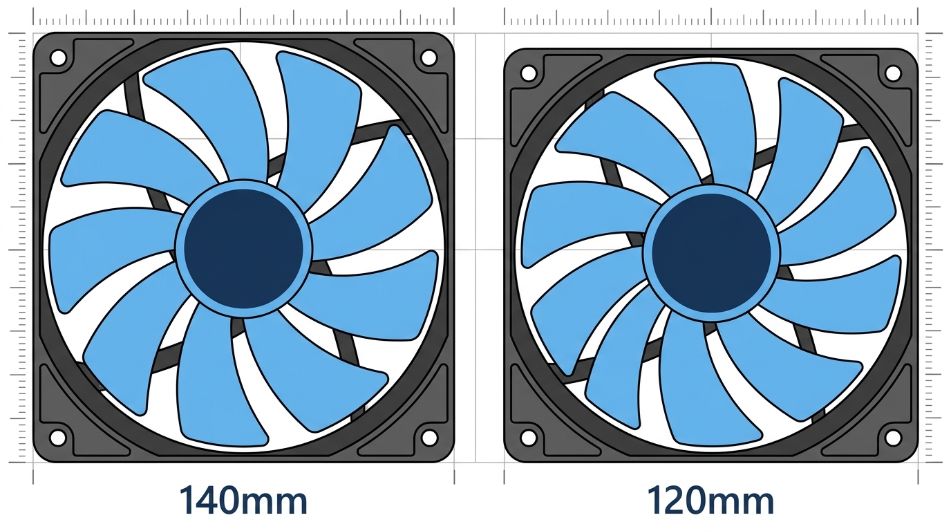 140mm fan vs 120mm fan size comparison blade diameter mounting holes