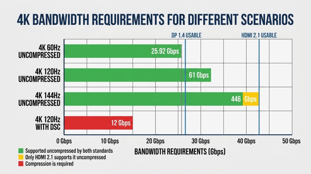 4K resolution refresh rate bandwidth requirements HDMI 2.1 DisplayPort 1.4 comparison chart