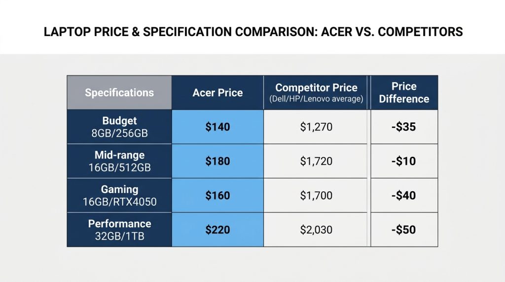 Acer laptop price comparison Dell HP Lenovo same specifications budget mid-range