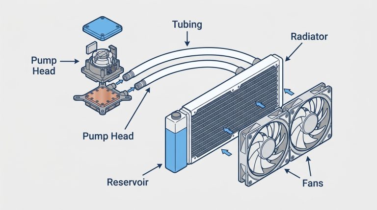AIO cooler exploded diagram pump head radiator tubing fans labeled