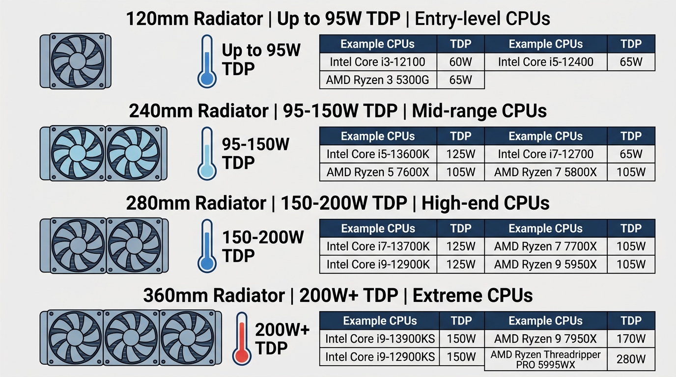 Radiator size guide showing 120mm through 420mm AIO sizes matched to CPU TDP ranges and typical use cases