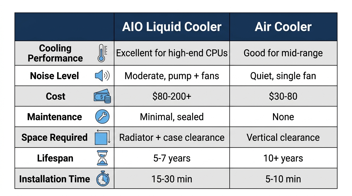 Comparison of AIO liquid cooler and tower air cooler across performance, noise, lifespan, price, and failure risk